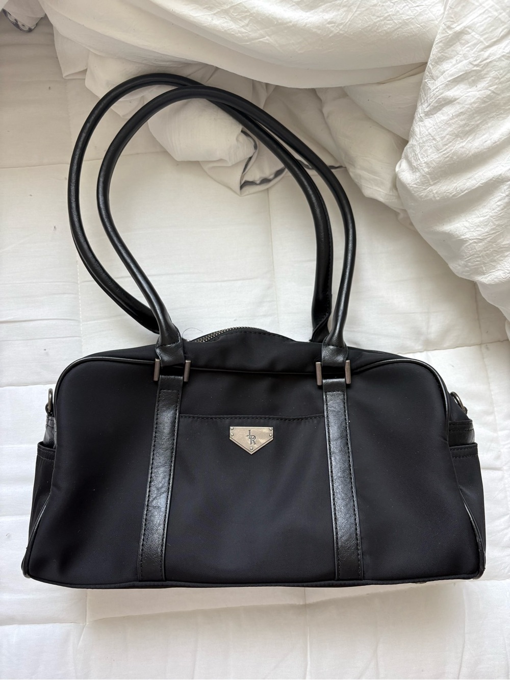 Black Nylon Shoulder Tote with Leather Trim